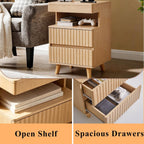 Night Stand with Gun Drawer, Charging Station, End Table with LED Lights, Modern Side Table with 2 Drawers & Open Shelf, Fluted Bedside Table for Bedroom Living Room Office, Oak