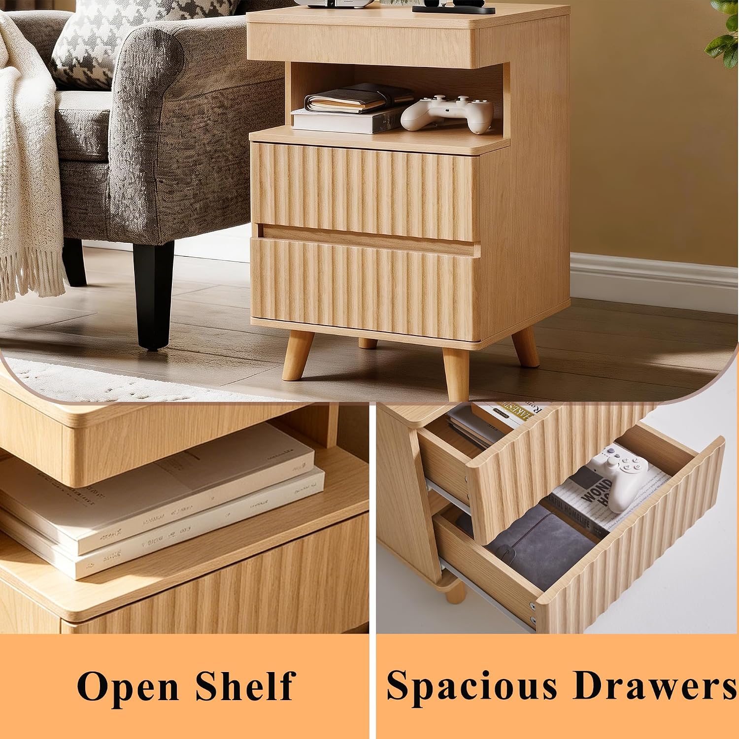 Night Stand with Gun Drawer, Charging Station, End Table with LED Lights, Modern Side Table with 2 Drawers & Open Shelf, Fluted Bedside Table for Bedroom Living Room Office, Oak