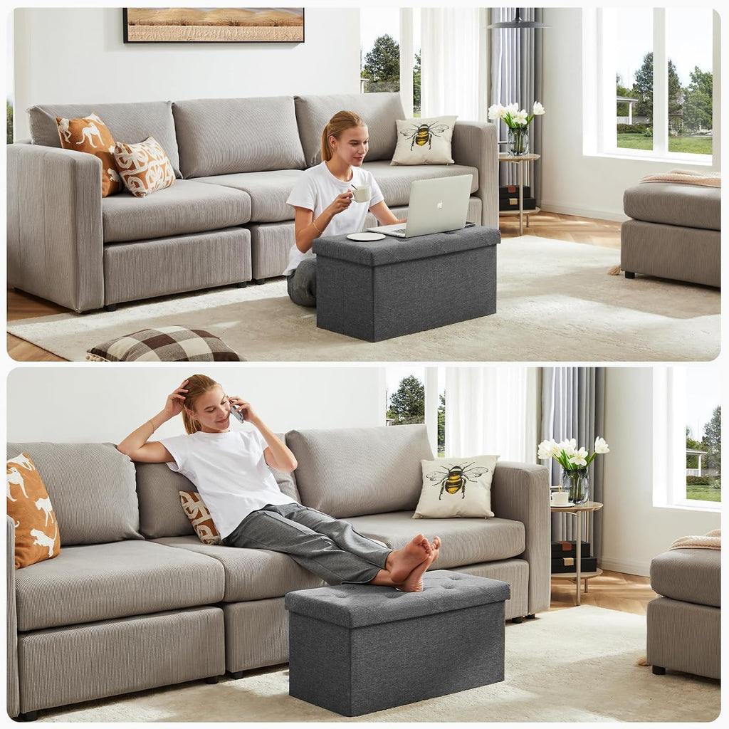 NEWBULIG 30 Inches Folding Storage Ottoman Bench with Padded Seat for Bedroom, Small End of Bed Foot Rest Stools Storage Chest, Living Room, Pure Grey.
