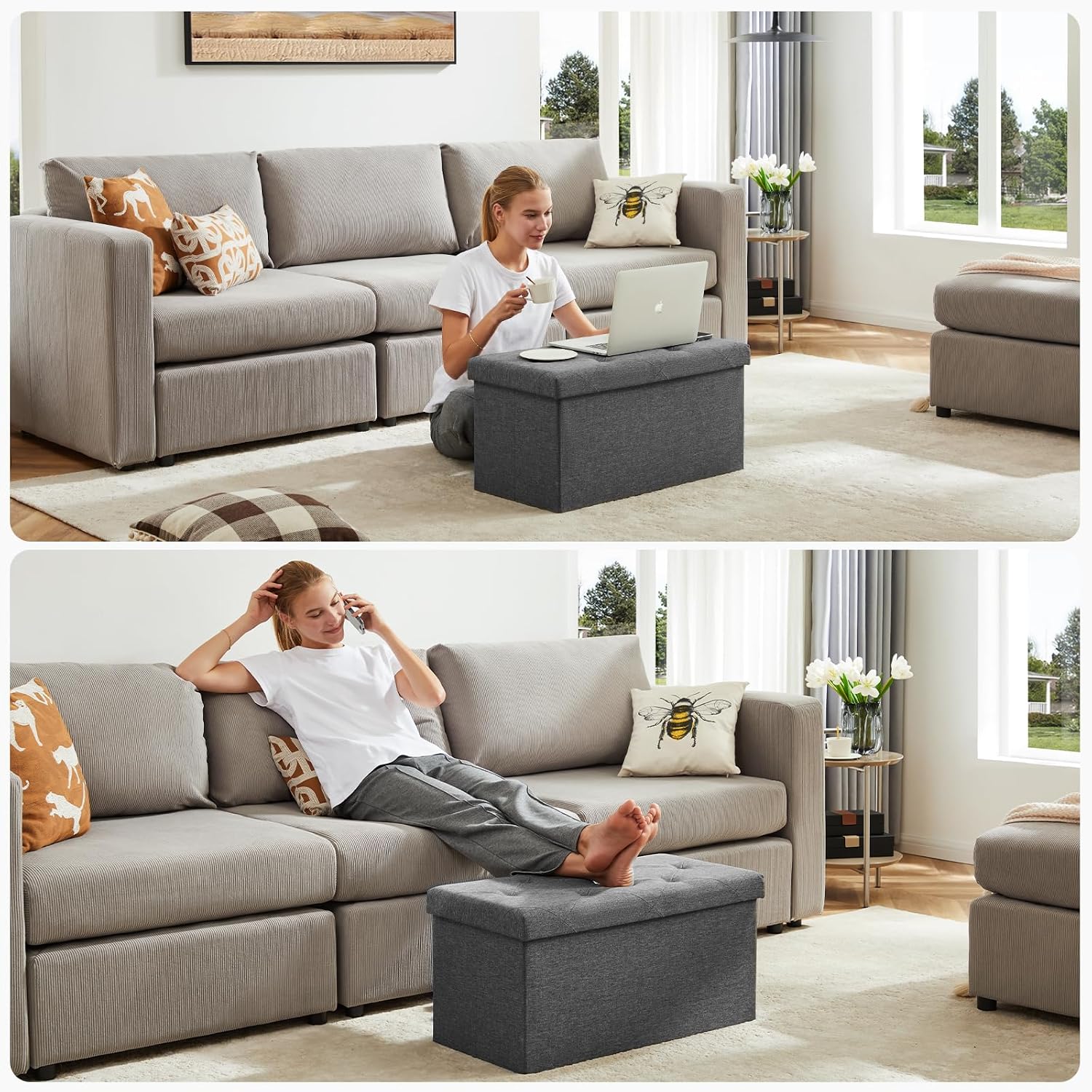 NEWBULIG 30 Inches Folding Storage Ottoman Bench with Padded Seat for Bedroom, Small End of Bed Foot Rest Stools Storage Chest, Living Room, Pure Grey.