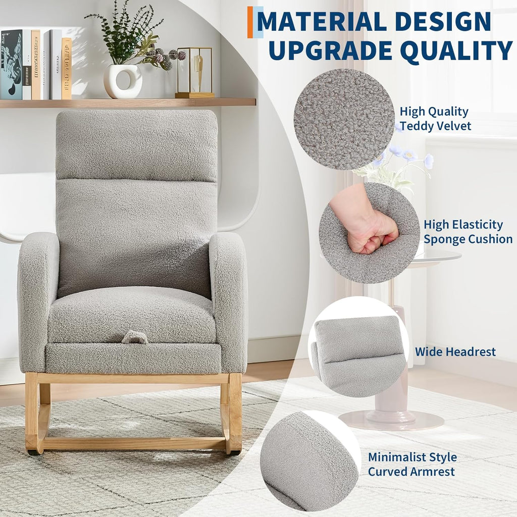 Rocking Chair Nursery, Nursing Rocking Chairs with Foot Rest for Mom Nursery,Rocker Glider Chair with High Backrest for Living Room, Bedroom, Upholstered Lounge Chair with Solid Wood Base for Relaxin