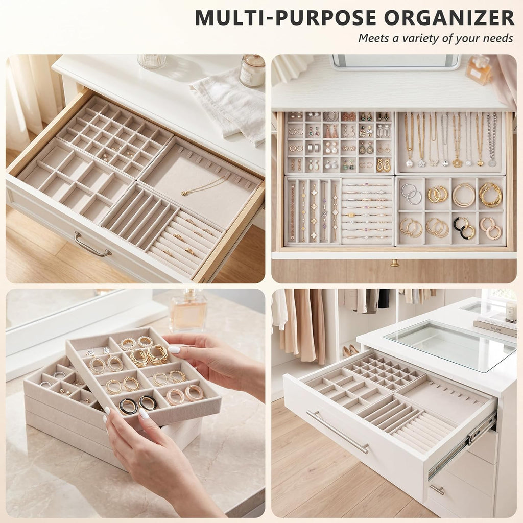 Jewelry Organizer for Drawer, Velvet Jewelry Drawer Organizer Inserts, 4-Layer Beige Stackable Jewelry Trays for Rings Earrings Necklaces Bracelets with Removable Dividers for Dresser Vanity