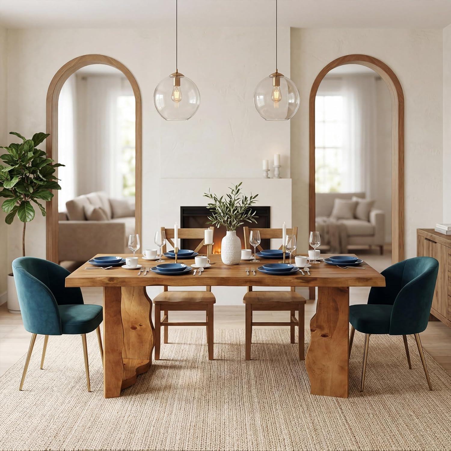 63" Live Edge Solid Wood Dining Table, Modern Rustic Kitchen Table with Sculptural Legs, 6-Person Rectangular Dinner Table for Dining Room, Kitchen,Natural Dark Brown Finish