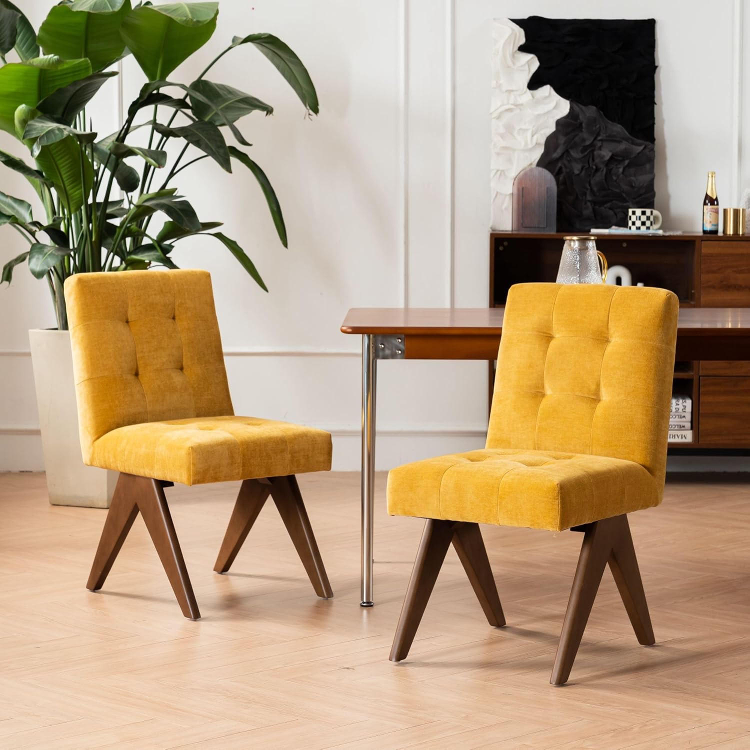 Rowill Modern Upholstered Dining Chairs Parsons Chair Linen Fabric Kitchen Chairs Tufted Armless Dining Room Chairs with Wood Legs Set of 4, Yellow