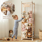 Ostutry Stuffed Animal Storage with Wheels - Wood Stuffed Animals Organizer Holder Zoo Large Capacity Plush Toy Cage with Elastic Band for Playroom, Bedroom, Nursery