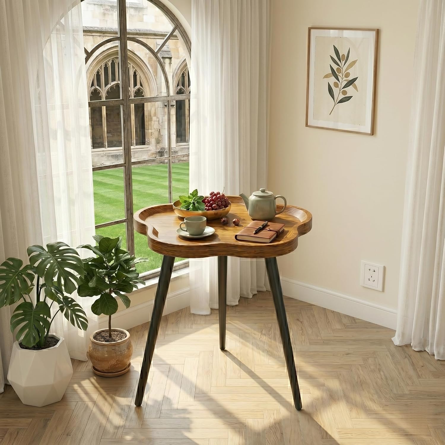 danpinera Round Side Table, Metal Legged Accent Table with Wooden Tray, Flower Tray Small Round End Table for Living Room, Bedroom, Nursery Rustic Brown