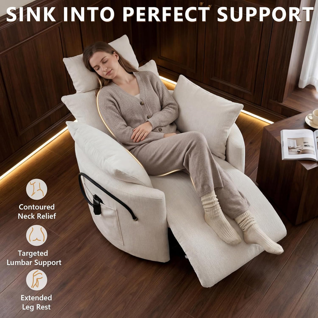 Chenille Nursery Rocking Chairs Recliner, Manual, White | 4" Height and 55° Angle Adjustable Headrest, 360° Silent Swivel, Glider, Phone Holder, 2 Side Pockets, 2 Pillows, 400LBS