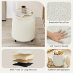 Storage Ottoman with Wheels, 15“W Swivel Rolling Foot Stool Boucle Terry Fabric Coffee Table Ottoman with Hidden Storage, Round Vanity Stools for Makeup Room Living Room Bedroom Entryway Dorm, Beige