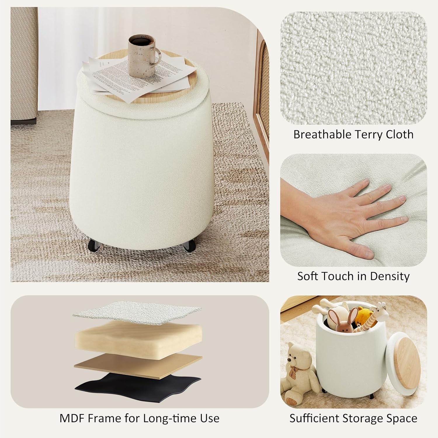 Storage Ottoman with Wheels, 15“W Swivel Rolling Foot Stool Boucle Terry Fabric Coffee Table Ottoman with Hidden Storage, Round Vanity Stools for Makeup Room Living Room Bedroom Entryway Dorm, Beige