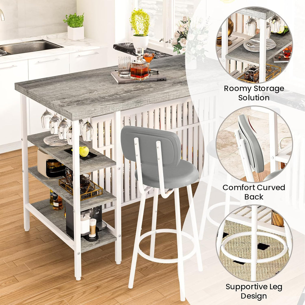 Kitchen Island with Storage Small Dining Table for 2, Kitchen Table Chairs Set of 2 Dining Room Set for Small Space (Grey)