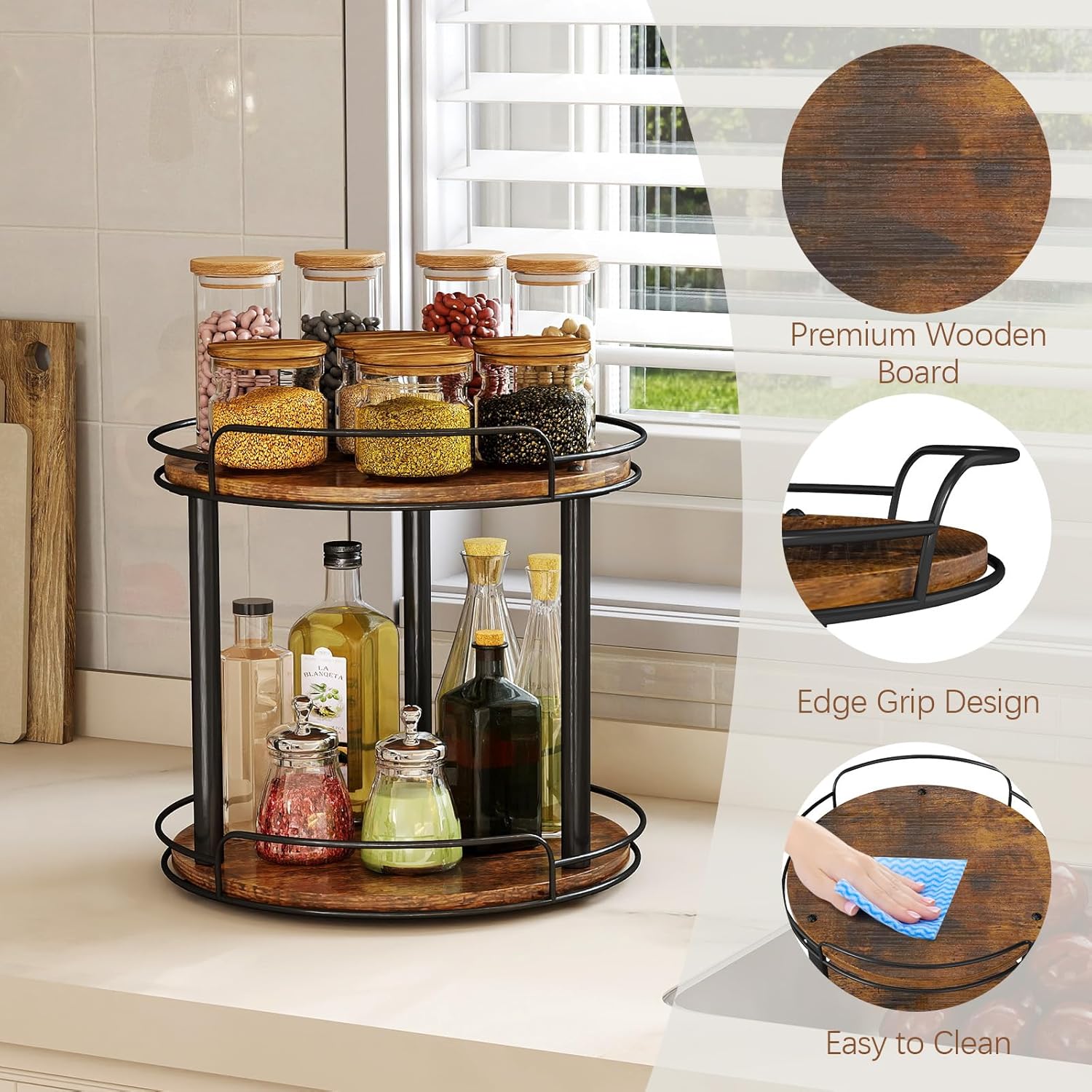 LAMU 9'' Wood Lazy Susan Turntable Organizer for Cabinet, 2 Tier Lazy Susan Spice Rack Organizer for Kitchen, Table Top, Countertop, Pantry, Medicine Organizer