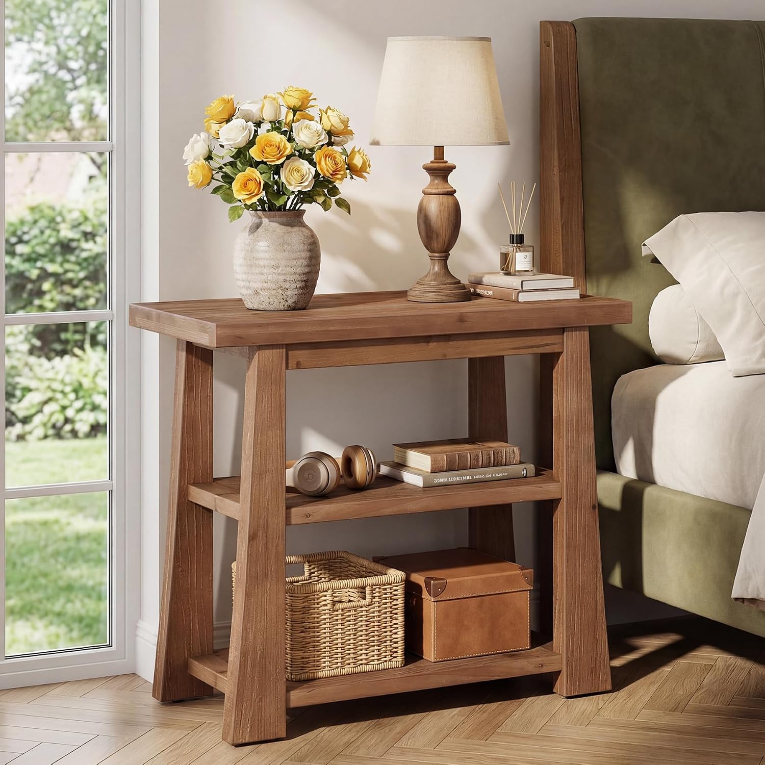27.55 Inches Solid Wood End Table Set of 2, Rustic Nightstand with Open Storage Shelves, 3-Tier Narrow Sofa Side Table for Living Room, Bedroom, Small Spaces