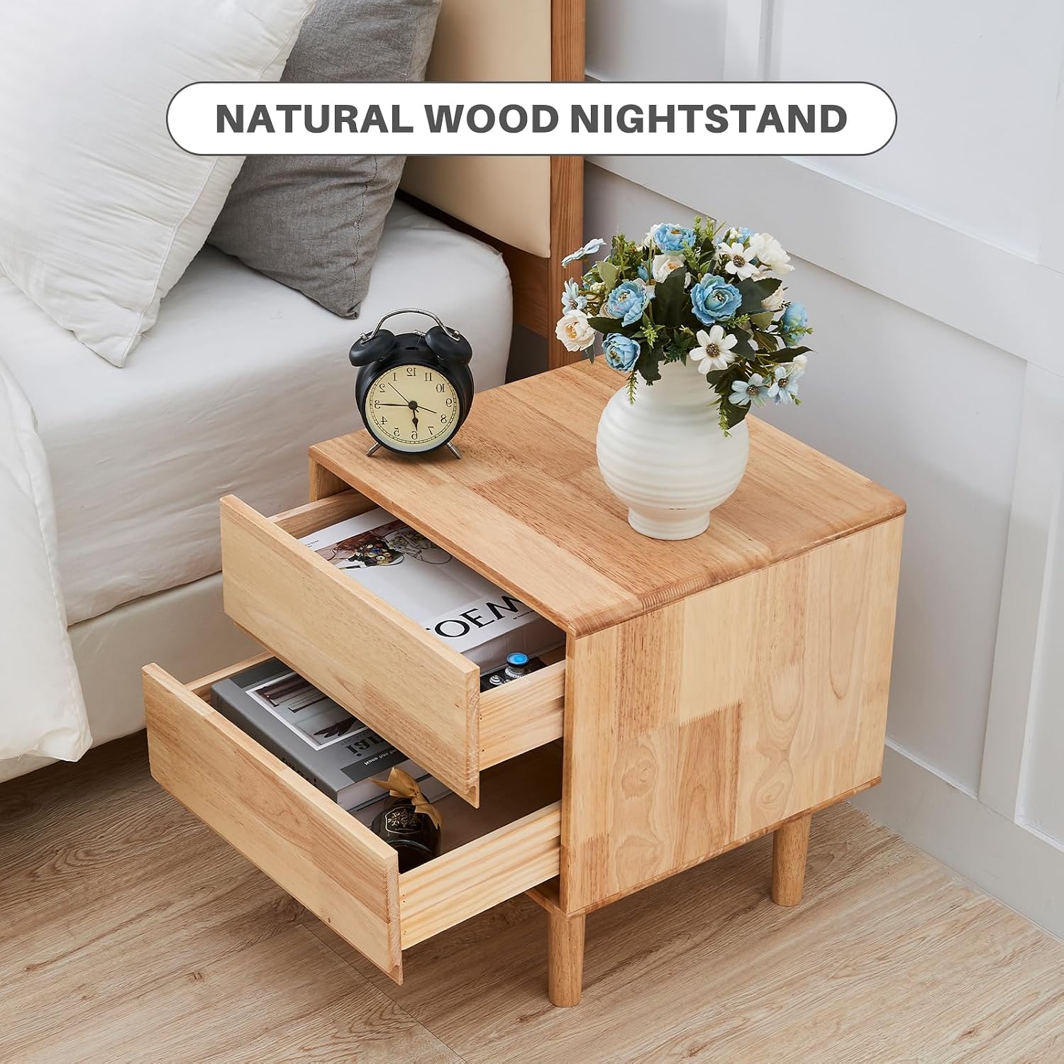 Uniclinens Nightstand with 2 Drawers Storage, 19" Modern Solid Rubberwood Bedside Table for Bedroom, Sofa Side Table End Tables Living Room, Natural
