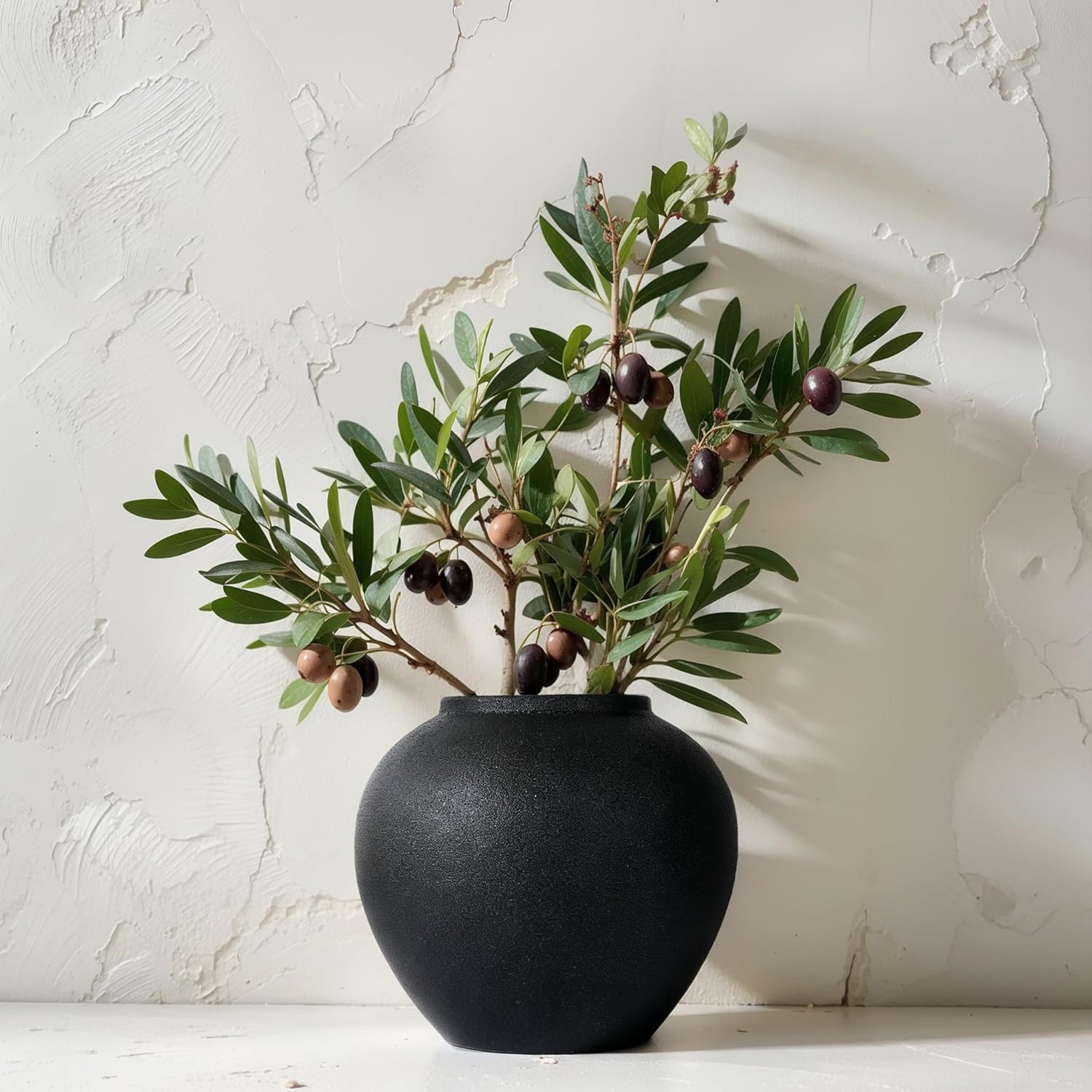 8.3″ Matte Textured Black Ceramic Vase – Modern Rustic Decorative Vase for Pampas Grass, Flowers & Greenery – Small Round Table Centerpiece for Living Room, Entryway, Shelf Decor