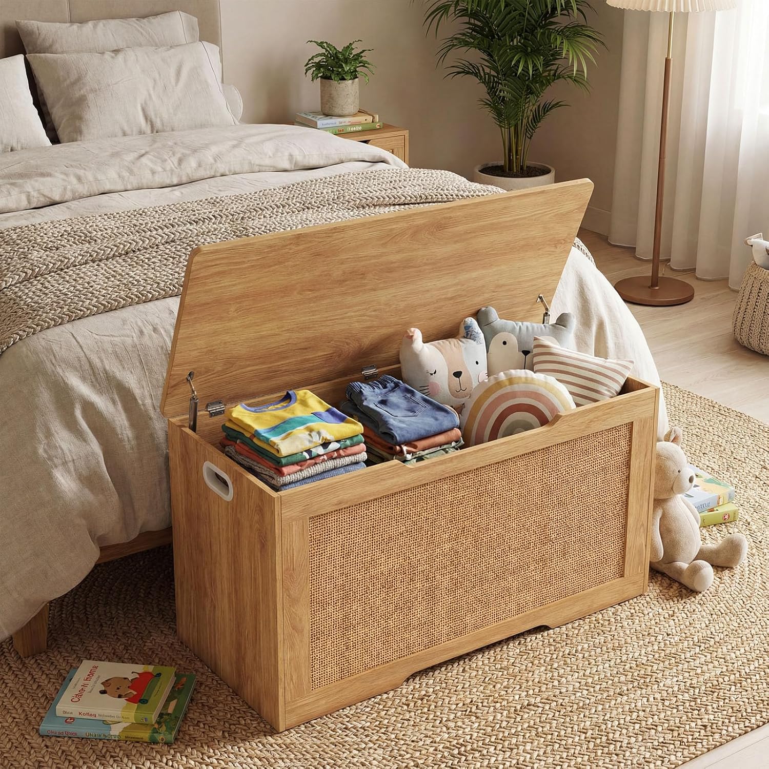 Costzon Kids Storage Bench, 40” Toy Box with Flip Top, 2 Metal Hinges and Side Handles, Wooden Entryway Bench, Rattan Style Storage Chest for Bedroom, Living Room and Playroom