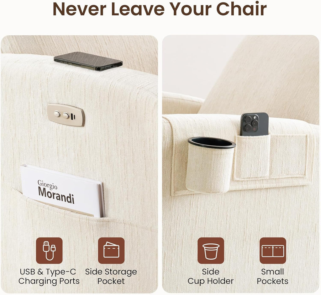 Power Recliner Chair Swivel Glider, Swivel Nursery Glider Recliner, Nursery Rocking Chair with Adjustable Headrest, Nursery Glider Recliner with USB & Type-C Charging Ports, OEKO-TEX Fabric, Beige