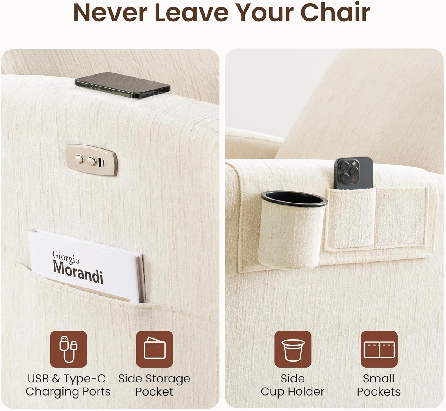 Power Recliner Chair Swivel Glider, Swivel Nursery Glider Recliner, Nursery Rocking Chair with Adjustable Headrest, Nursery Glider Recliner with USB & Type-C Charging Ports, OEKO-TEX Fabric, Beige