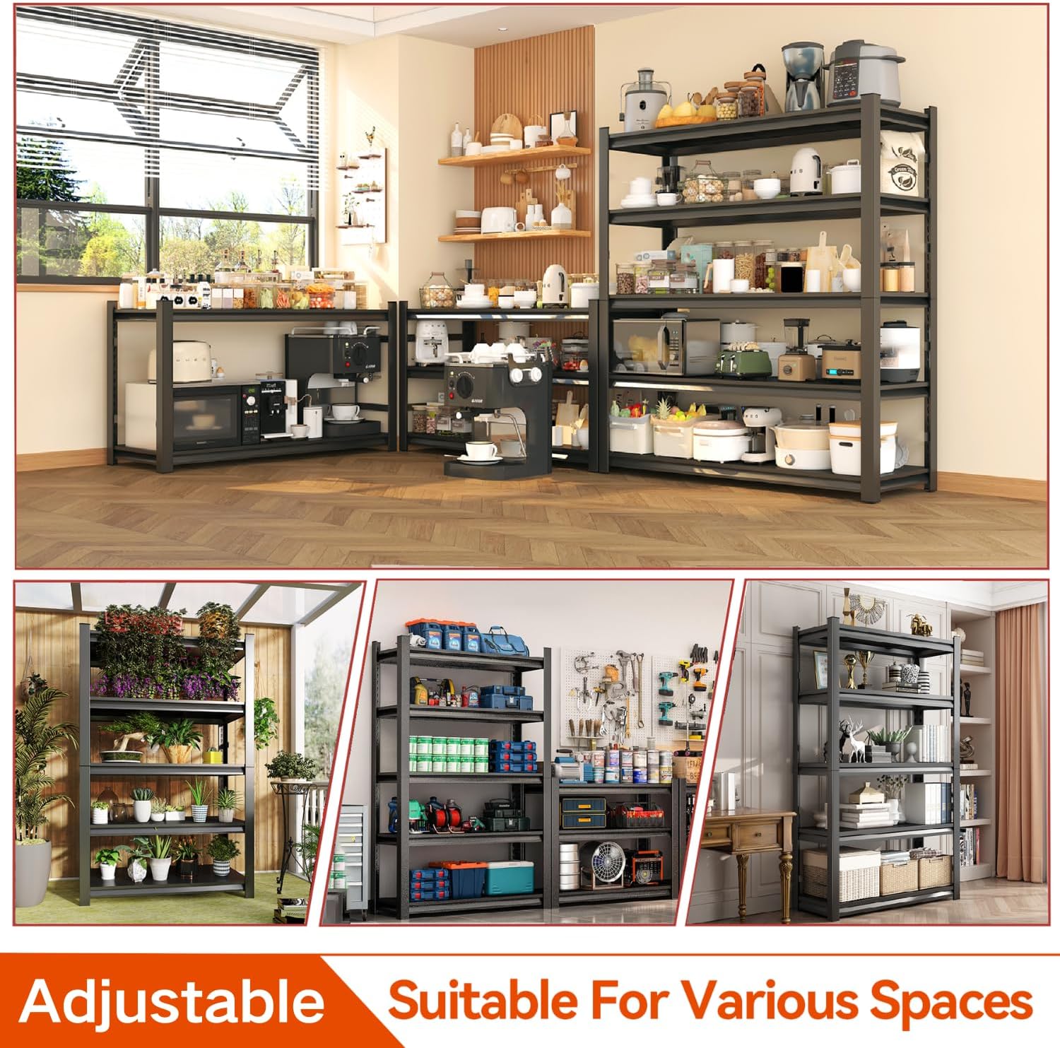 48''W Garage Shelving,3300LBS Heavy Duty Garage Shelving,73.2"H Industrial Shelving,Adjustable Storage Shelf Unit with Double Layer Posts for Garage,Basement,Warehouse,Commercial,Black 5 Tier