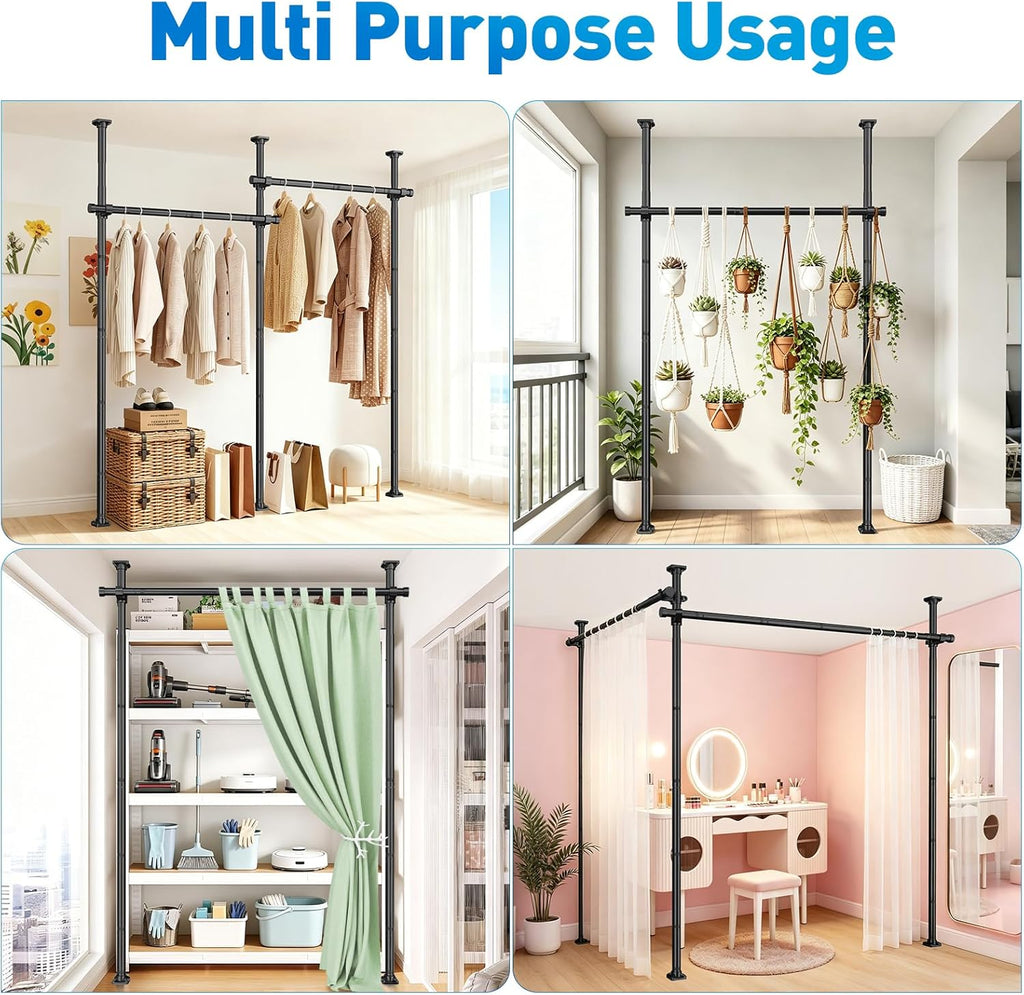 SUNALLY Room Divider Tension Curtain Rod, No Drilling Room Separator for Space Partition, 4-10ft(H) 32-200inch(W) Adjustable Heavy Duty Temporary Wall Divider Floor to Ceiling Tension Rod, Black