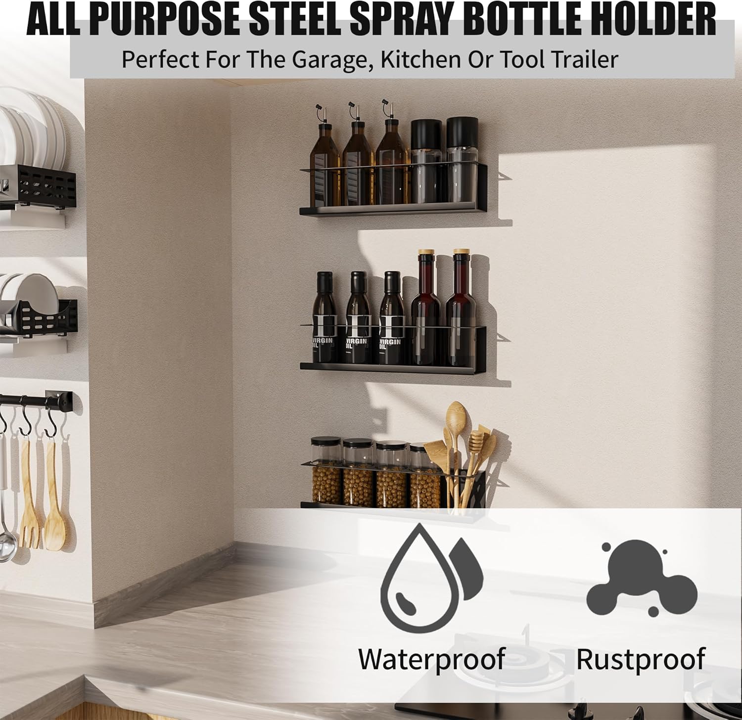 Riciakik 6 Pack Spray Bottle Holder Wall-Mounted, Aerosol Spray Can Holder Storage Rack, Heavy-Duty Paint Bottle Organizer with 30 Holes, Steel Black Spray Rack for Garage, Shop, Home or Tool Trailer
