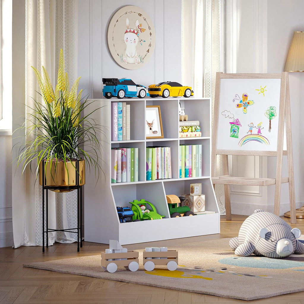 DINZI LVJ Toy Storage Organizer, Kids Bookshelf, Wood Toy Storage Cabinet, 3-Tier 8 Cubby Children Bookcase, 35.4" L Toddler Book Shelf for Playroom, Living Room, Nursery, Hallway, Classroom, White