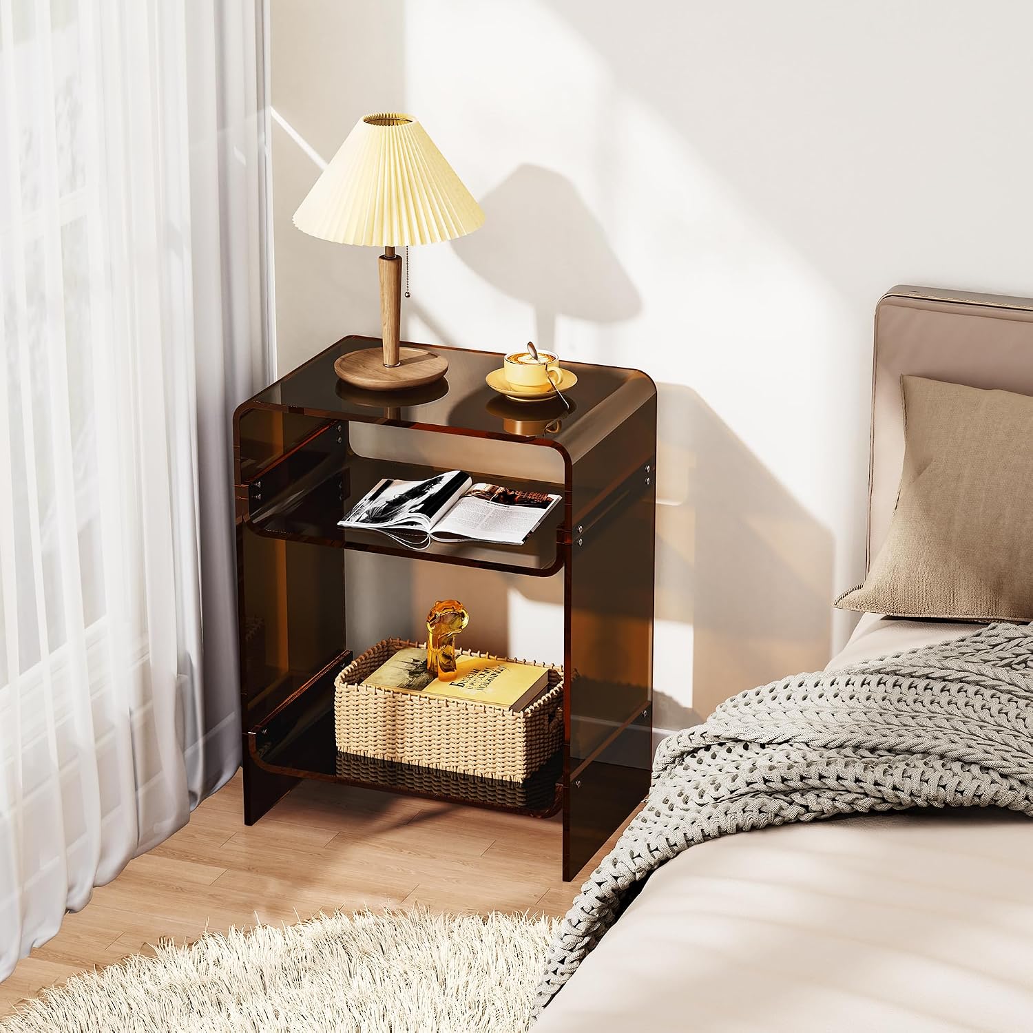 Acrylic Record Player Table with Storage Shelf, Clear Side Table Nightstand (Dark Brown, Large)