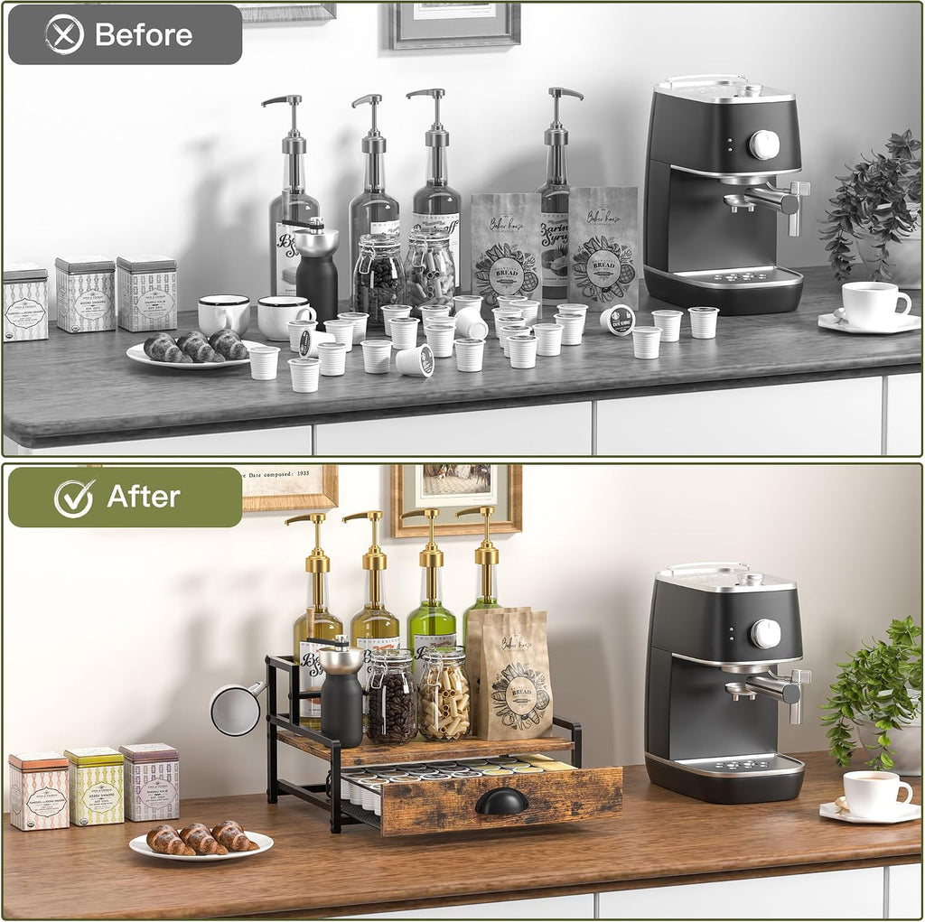 Coffee Syrup Rack Organizer, 2 Tier Countertop Storage Shelves with 35 K Cup Drawer, 8 Syrup Bottle Stand Holder for Wine, Kitchen Coffee Station Organizer Rack, Rustic Brown