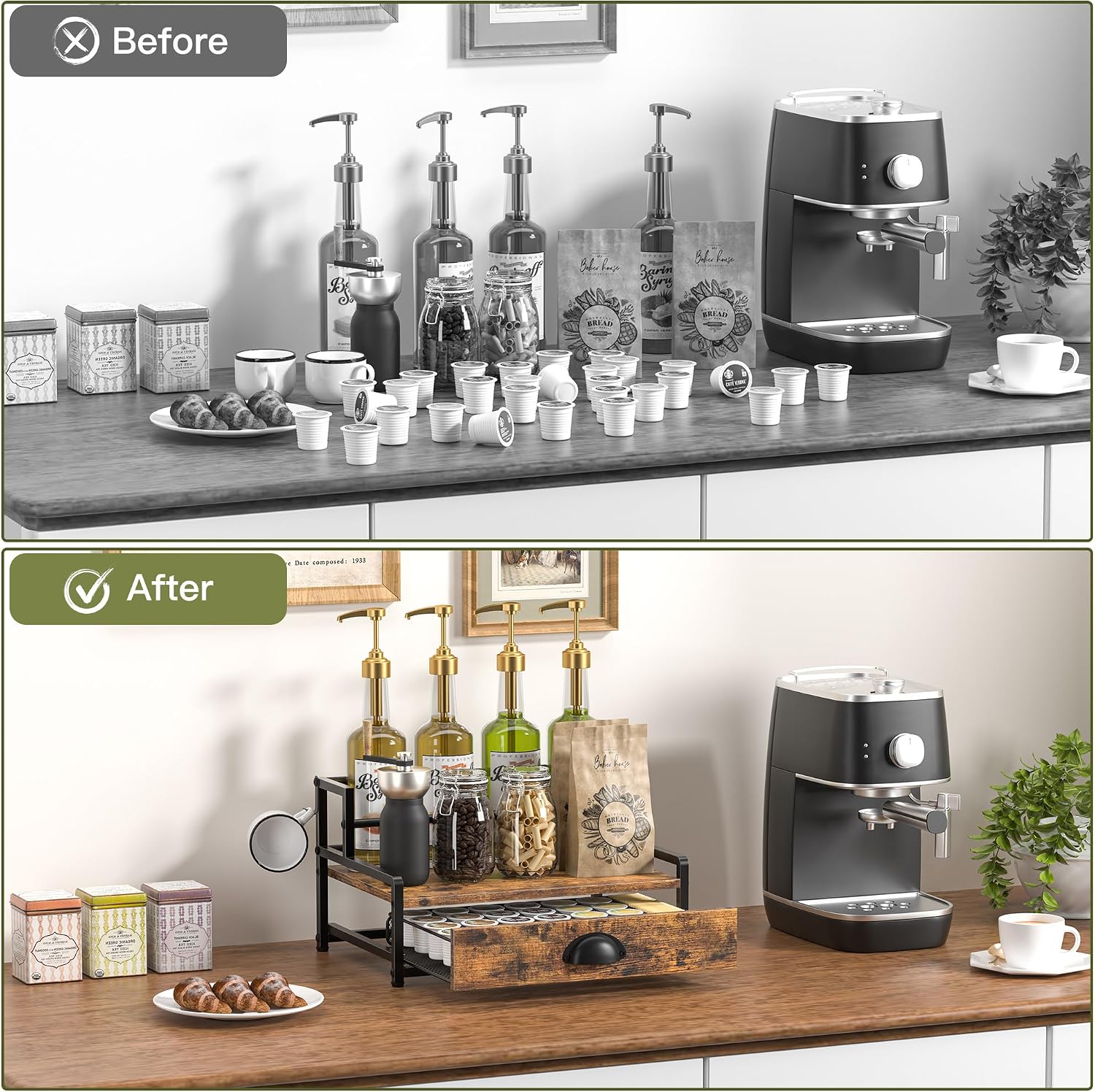 Coffee Syrup Rack Organizer, 2 Tier Countertop Storage Shelves with 35 K Cup Drawer, 8 Syrup Bottle Stand Holder for Wine, Kitchen Coffee Station Organizer Rack, Rustic Brown