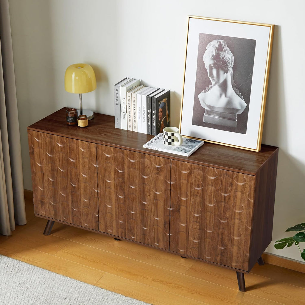 Modern Sideboard Buffet Cabinet with Scandinavian Fluted Door, 58'' Large Kitchen Storage Cabinet with Press Type Door, Accent Console Table for Dining Room Living Room (Walnut)