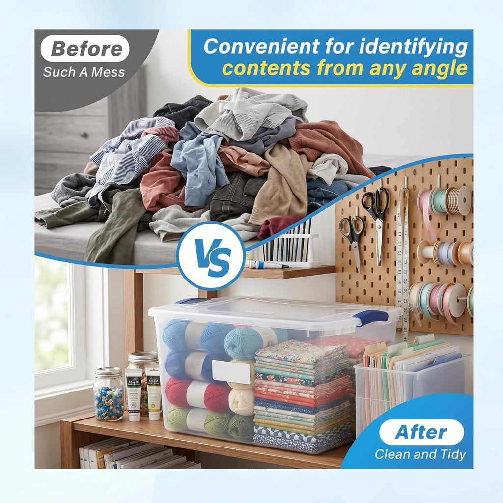 66 Quart Clear Plastic Storage Bins with Latching Lids, Large Stackable Container Boxes for Home, Closet, and Garage Organization, Blue Latch