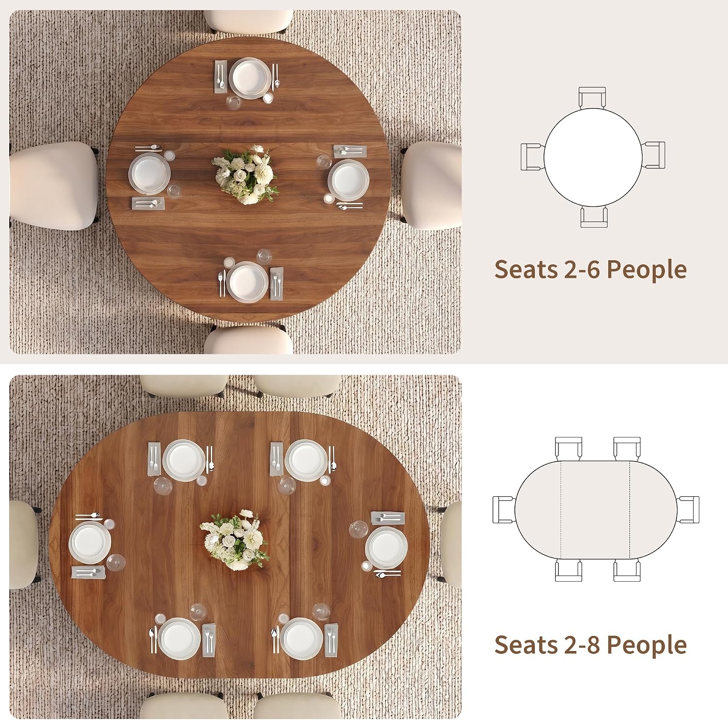 iPormis 43-59" Round Dining Table Set for 4, 5-Piece Kitchen Table & Chairs Set for 4, Extendable Dining Room Circle Table with 4 Upholstered Chairs for Small Space, Walnut Table + 4 White Chairs