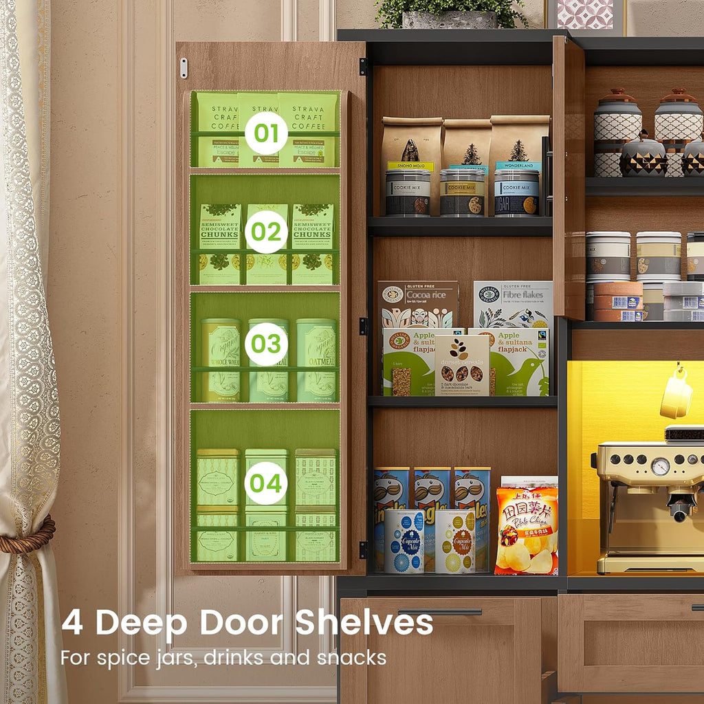 Itaar 71" Kitchen Pantry Cabinet with Charging Station and Led Light, Kitchen Storage Cabinets with Microwave Stand, 59" Wide Pantry Storage Cabinet with Storage Cart 3 Tier for Dining Room, Brown