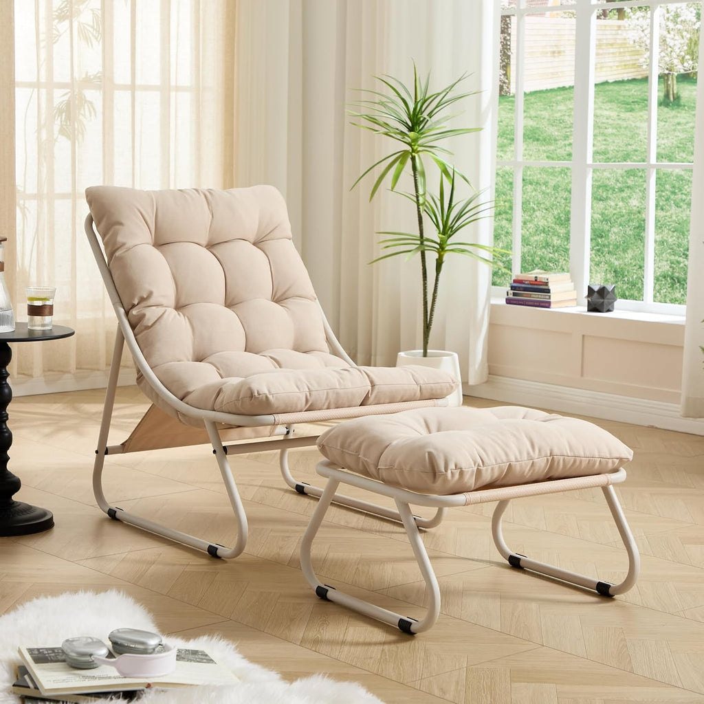 Polay Patio Outdoor Lounge Chair with Ottoman, Comfy Sling Recliner Chair with Puffy Cushion and Foot Stool, Foot Rest Pouf Ottoman for Living Room, Bedroom, Reading Room,A2