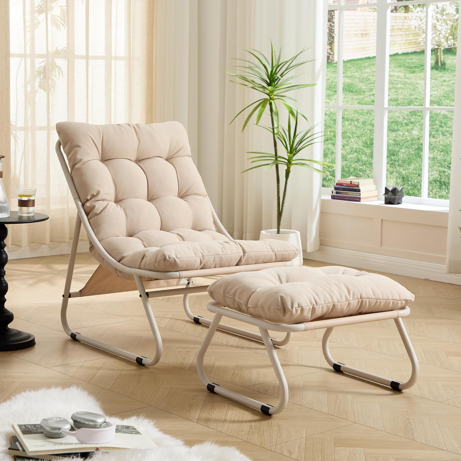 Polay Patio Outdoor Lounge Chair with Ottoman, Comfy Sling Recliner Chair with Puffy Cushion and Foot Stool, Foot Rest Pouf Ottoman for Living Room, Bedroom, Reading Room,A2