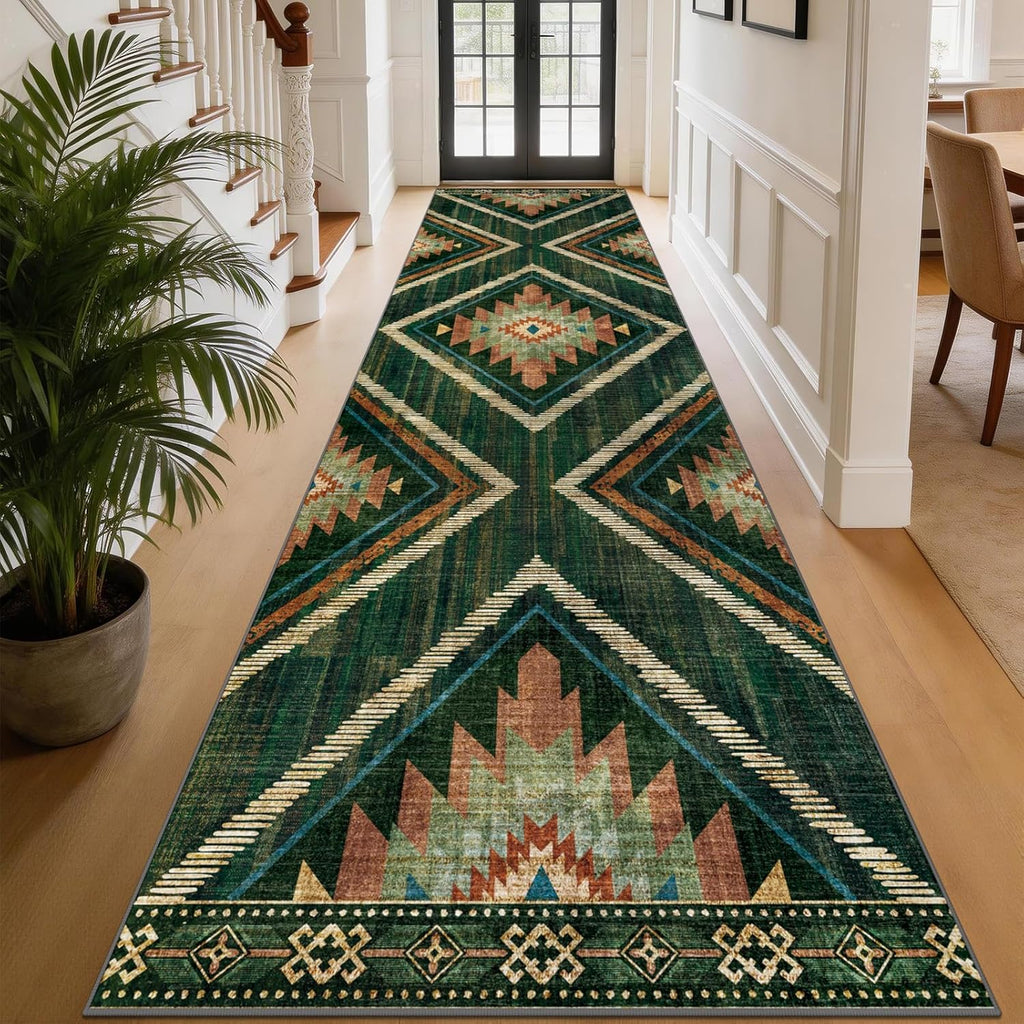 3x12Ft Boho Runner Rugs for Hallway Non Slip, Long Wide Green Geometric Washable Kitchen Rug Runner, Soft Moroccan Entryway Floor Carpets for Entrance Doorway Office Decor