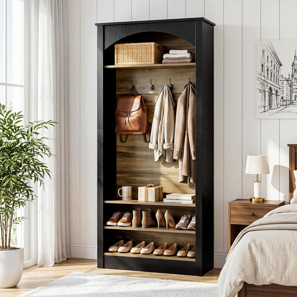 Tribesigns 74.8" Hall Tree with Shoe Storage, 3-Tier Narrow Shoe Rack with Coat Rack, Farmhouse Hall Tree with 4 Double Coat Hooks for Entryway, Hallway, Black and Brown