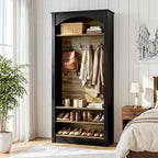 Tribesigns 74.8" Hall Tree with Shoe Storage, 3-Tier Narrow Shoe Rack with Coat Rack, Farmhouse Hall Tree with 4 Double Coat Hooks for Entryway, Hallway, Black and Brown