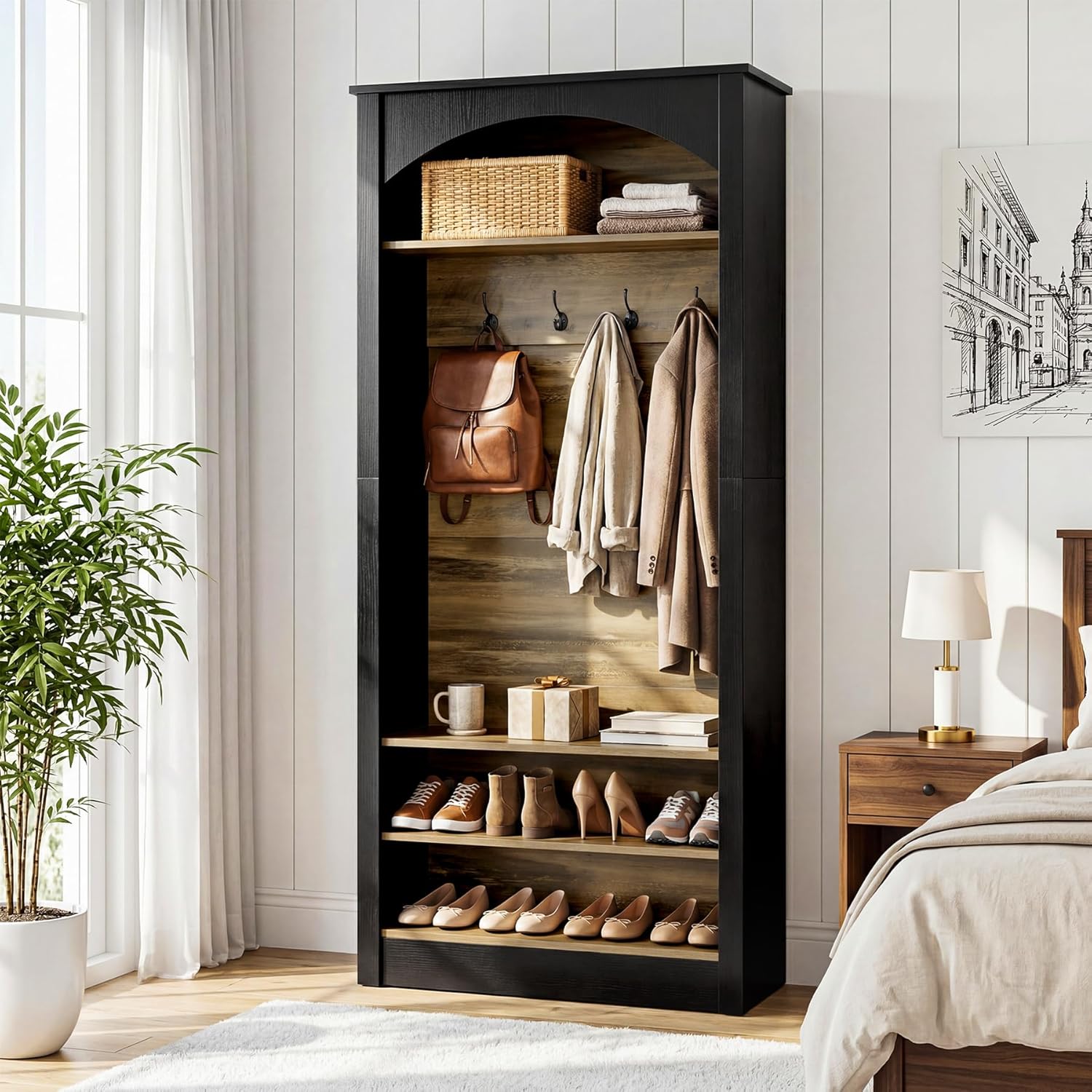 Tribesigns 74.8" Hall Tree with Shoe Storage, 3-Tier Narrow Shoe Rack with Coat Rack, Farmhouse Hall Tree with 4 Double Coat Hooks for Entryway, Hallway, Black and Brown