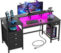 Furologee 60" Black Computer Desk with 4 Drawers and Printer Space, Gaming Desk with LED Lights and USB Power Outlets, Home Office Desk with Fabric File Cabinet,Study Work Table with Shelf for Bedroom