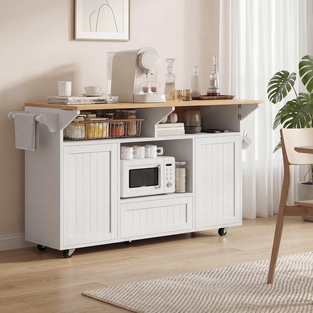 Einhomn 65" Kitchen Island with Power Outlet & Drop Leaf, Island Table for Kitchen with Trash Can Storage, Mobile Rolling Kitchen Islands on Wheels with Spice Rack, Towel Rack & 4 Side Hooks, White