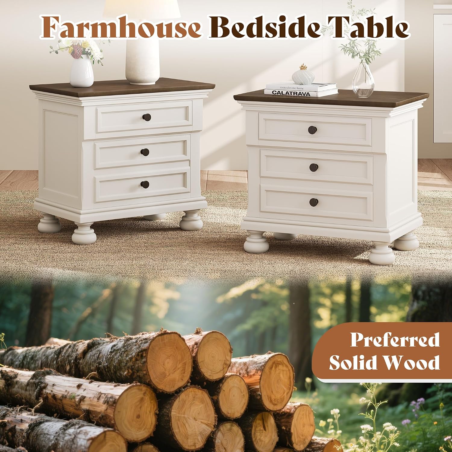AMERLIFE Fully Assembled Nightstands Set of 2, Solid Wood End Tables | 26" Extra Large Beside Table with 2 Storage Drawers, Traditional Bedside Cabinet for Bedroom, White
