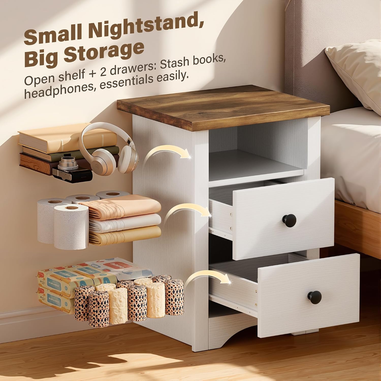 JUMMICO Farmhouse Nightstands, End Table with 2 Storage Drawers and Open Shelf, Rustic Bedside Table for Bedroom, Living Room(2, White)