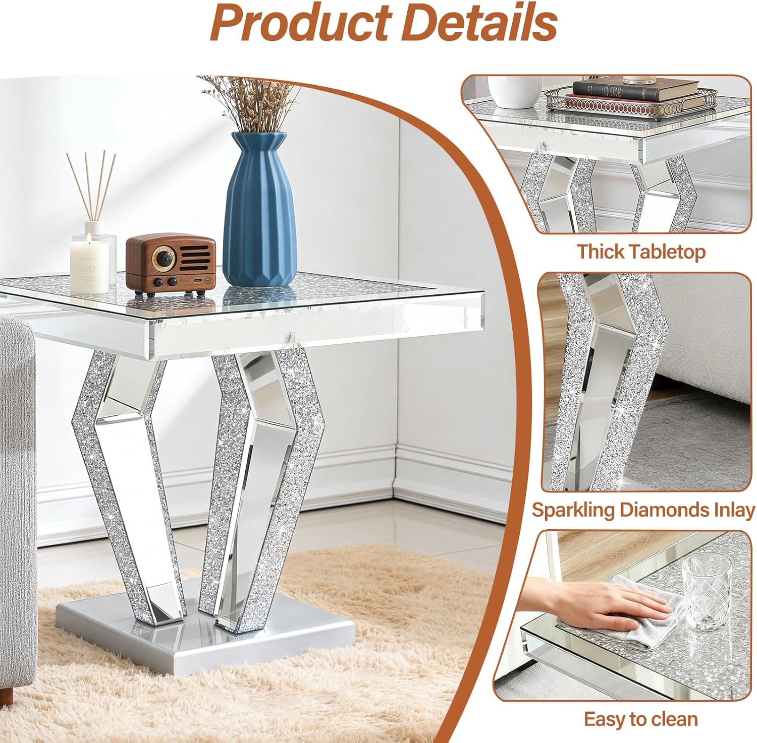 Silver Mirrored End Table with Crystal Inlay, Modern Side Table Accent Table, Square Small Coffee Table for Living Room, Bedroom 23" D x 23" W x 24" H