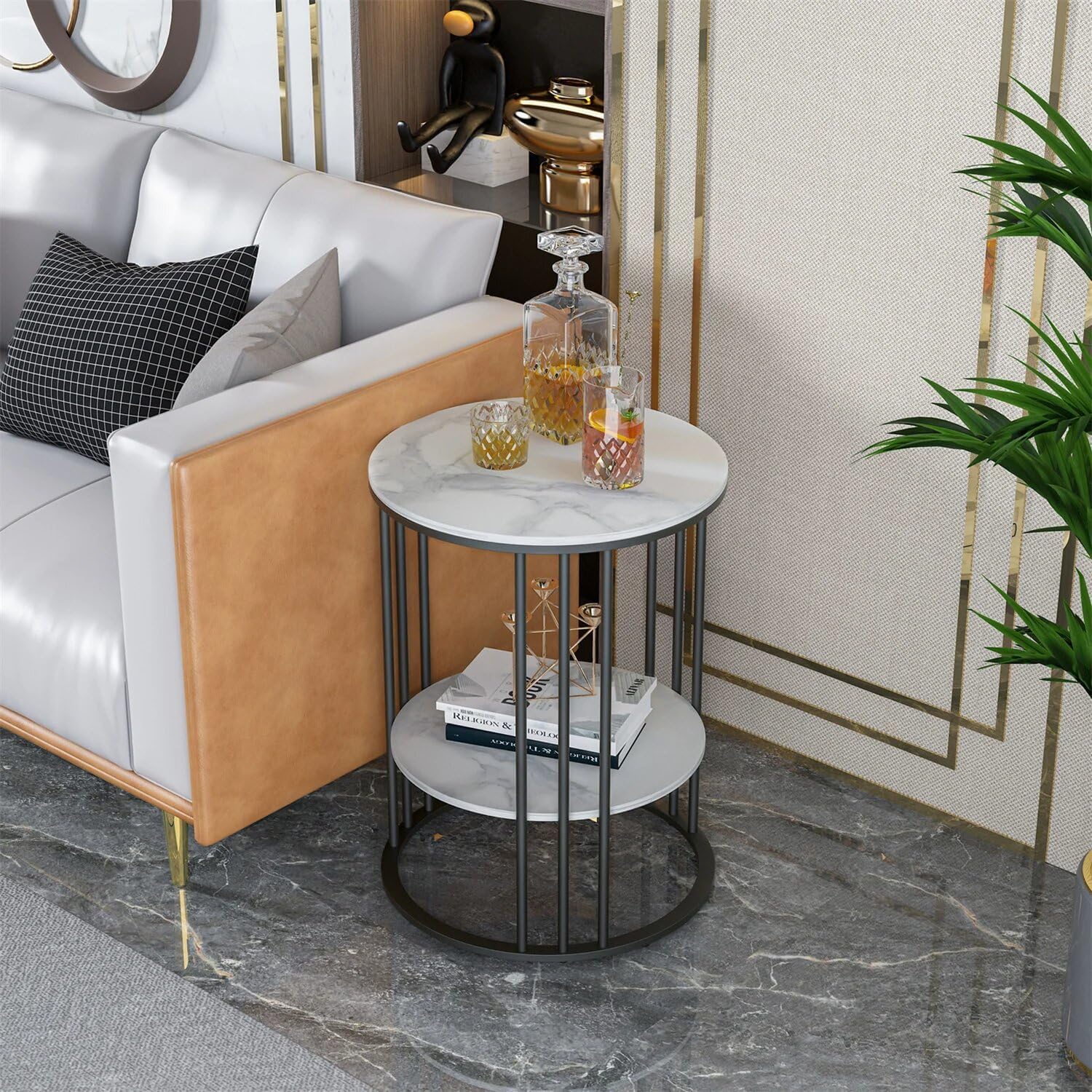 2-Tier White Marble Side Table Round Coffee Table Nightstand Jewellery Storage Shelves (Black Frame)