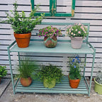 Potting Bench, Outdoor Patio Metal Potting Table with 2- Tier Open Shelf, Garden Work Station Table for Planting (Color : Green, Size : 126.5x45x115.5cm)