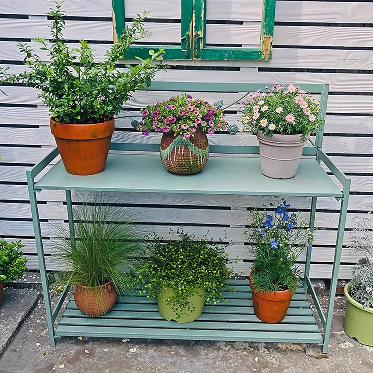 Potting Bench, Outdoor Patio Metal Potting Table with 2- Tier Open Shelf, Garden Work Station Table for Planting (Color : Green, Size : 126.5x45x115.5cm)