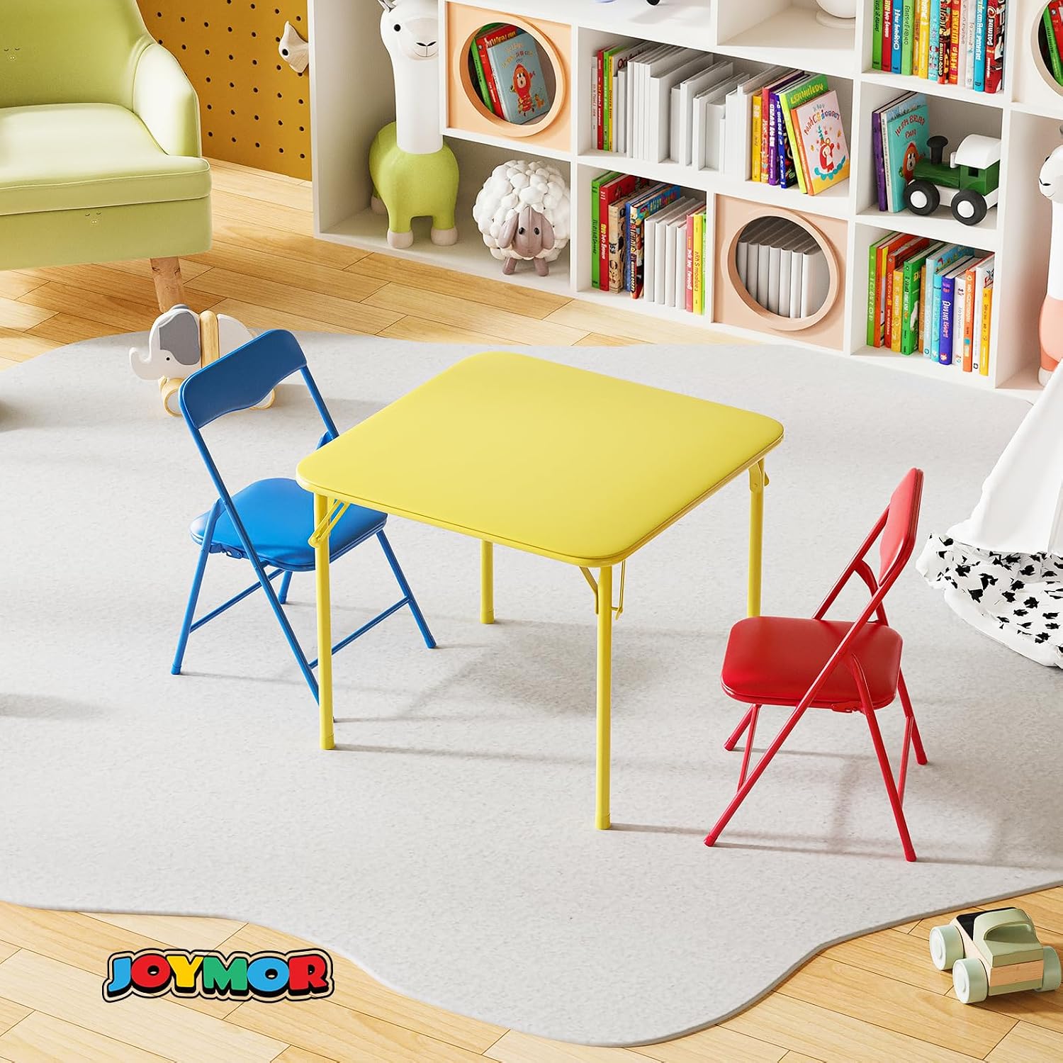 JOYMOR Kids Folding Table and Chairs Set, 3-Piece Metal Frame Activity Set with Easy-Fold Design for Playroom & Classroom (Multicolor)