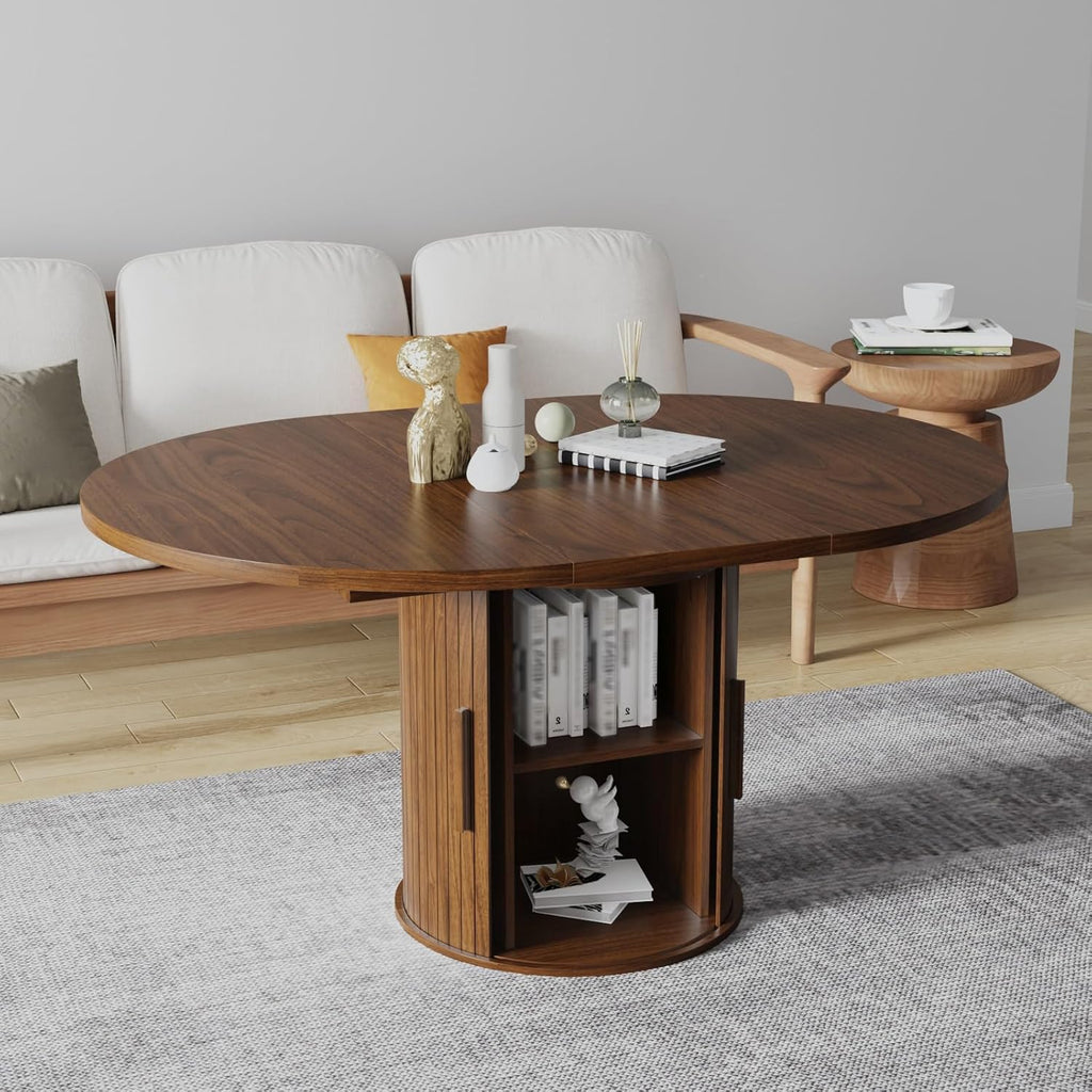 43"-59" Extendable Dining Room Table for 4-8, Round Expandable Kitchen Table with Fluted Sliding Door Cabinet, Modern Farmhouse Oval Dinner Tables for Dining Room Kitchen Living Room,Walnut