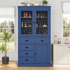 72''H Kitchen Pantry Cabinet, Vintage Storage Cupboard with 2 Glass Doors, Drawers, Serving Trays and Shelves, Freestanding Coffee Bar Cabinet for Dining Room Living Room, Blue