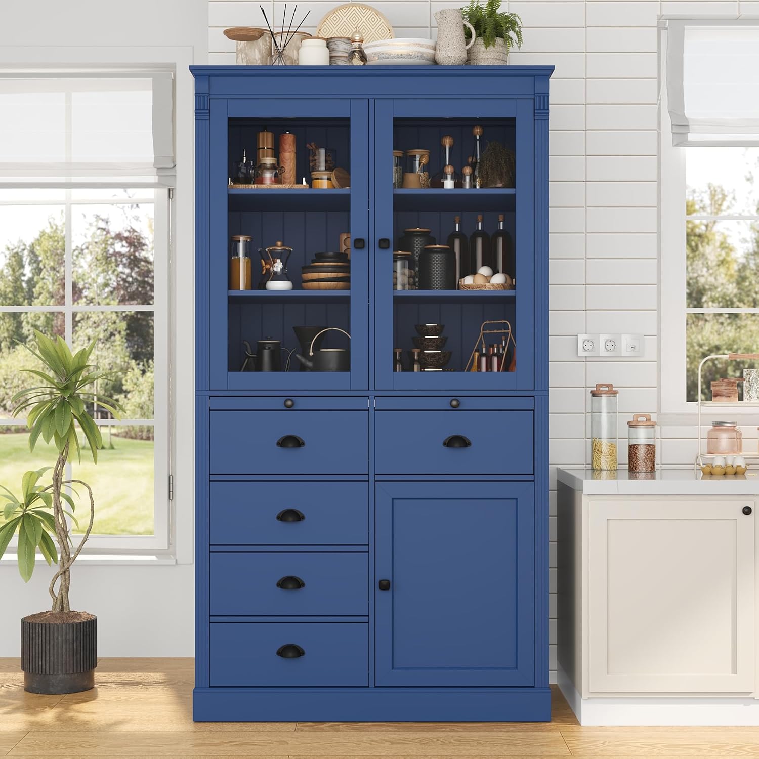 72''H Kitchen Pantry Cabinet, Vintage Storage Cupboard with 2 Glass Doors, Drawers, Serving Trays and Shelves, Freestanding Coffee Bar Cabinet for Dining Room Living Room, Blue